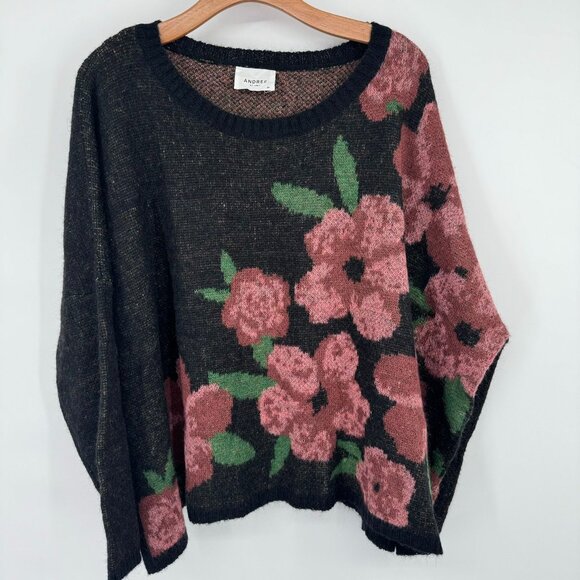 Andree By Unit Floral Sweater Black Flowers Size Medium oversized wool blend - Picture 10 of 12